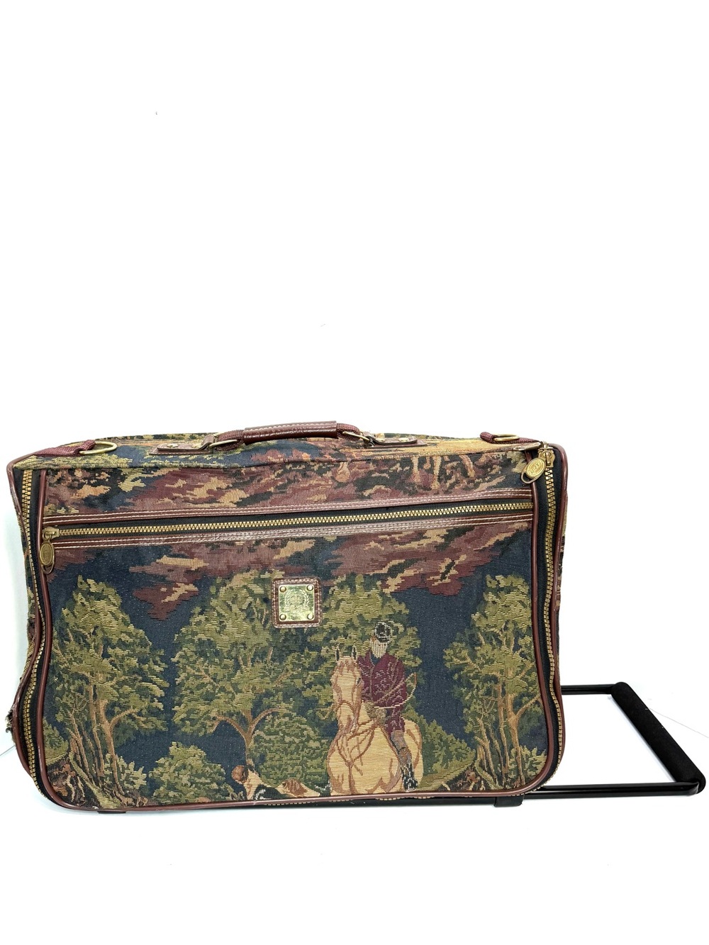 Capezio Collection VTG Fox Hunt Brown Leather Tapestry Travel Garment Suit Bag